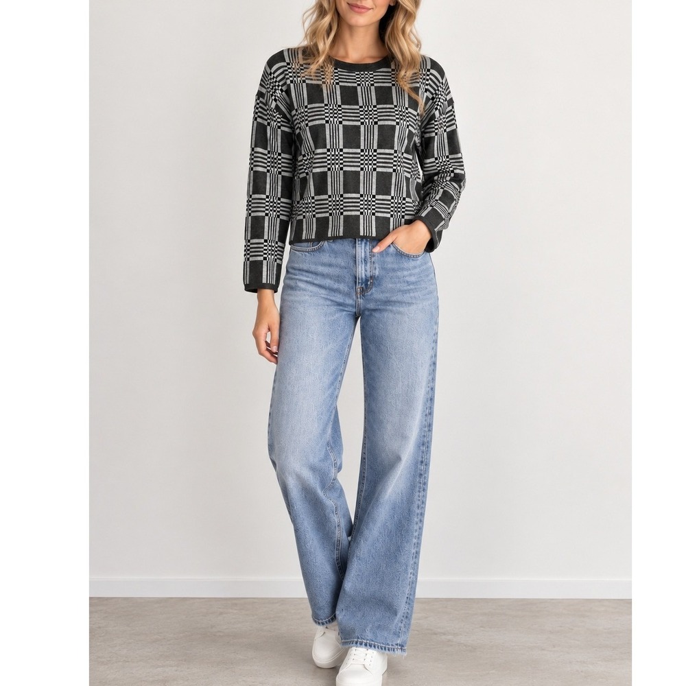 Lety & Me Womens Black White Plaid Geometric Crewneck Sweater XS New